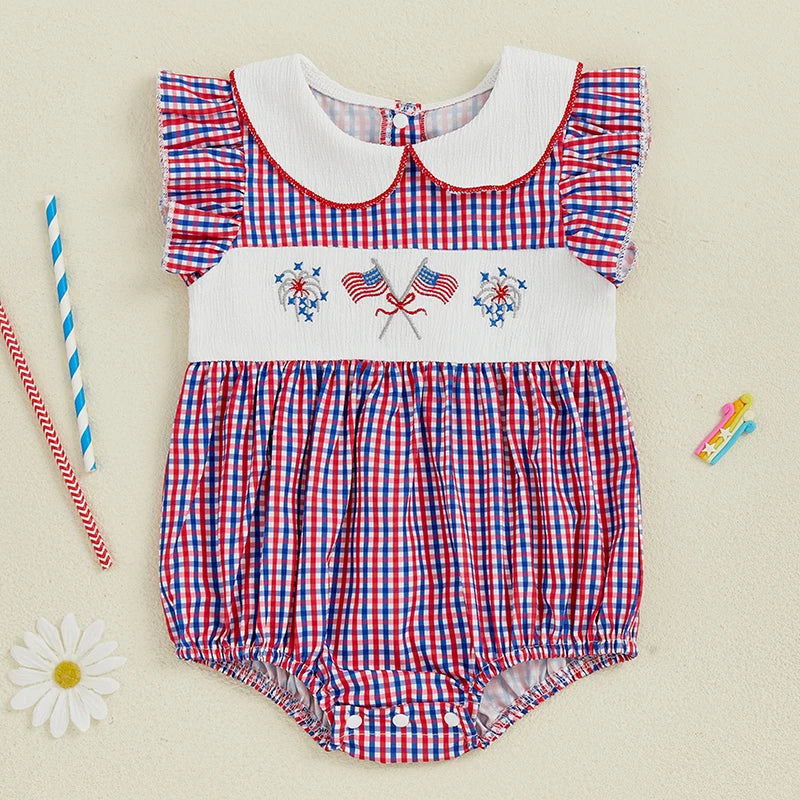Girl's Embroidered 4th of July Plaid Doll Collar Rompers