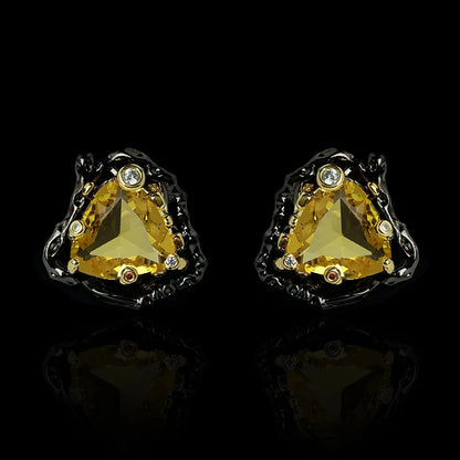 Delicate Yellow Triangle Zircon Black & Gold Style Earring