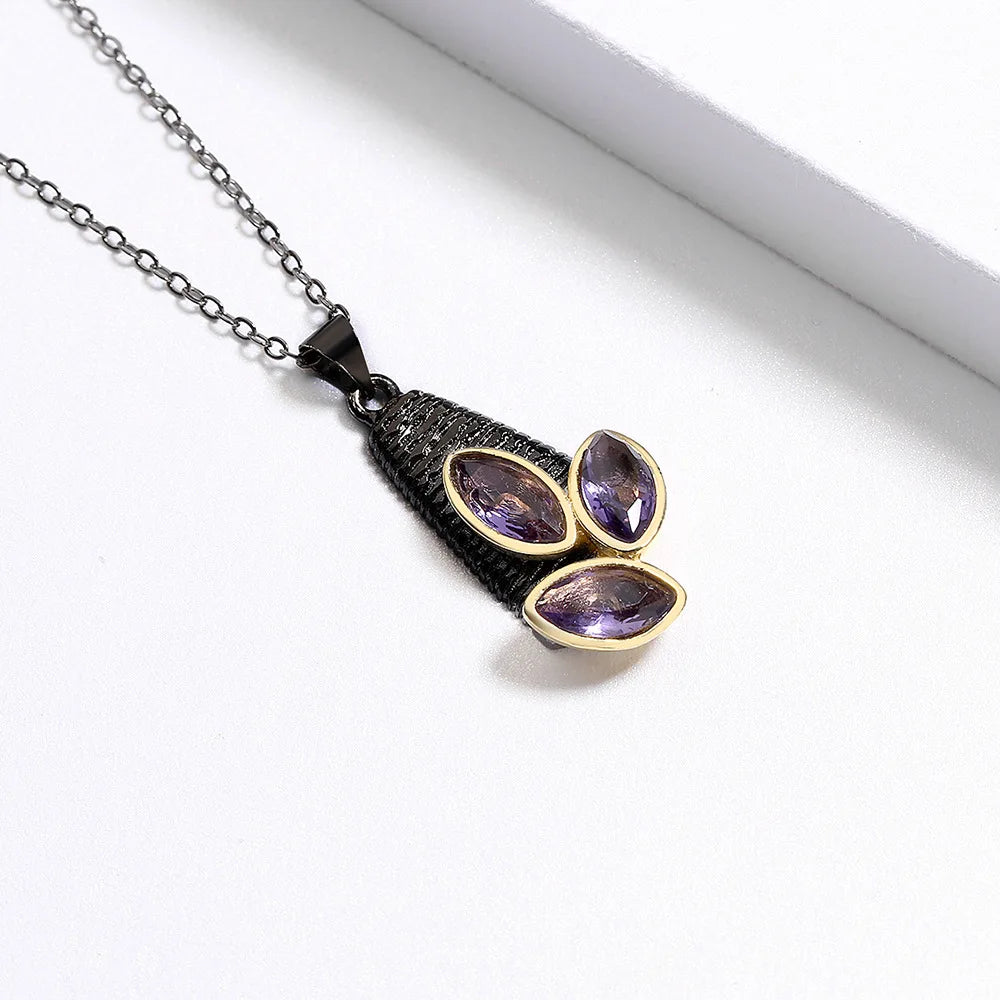 Necklace Purple Zircon Pendant Amethyst Black & Gold Style