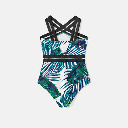 Family Matching! Swimwear Allover Palm Leaf Print Crisscross One-piece Swimsuit & Swim Trunks Swimsuit