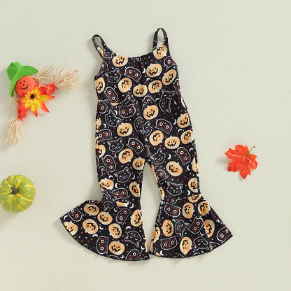 Halloween Rompers! Girl's Sleeveless Bib Romper, Pumpkin, Cats, Cauldron Print