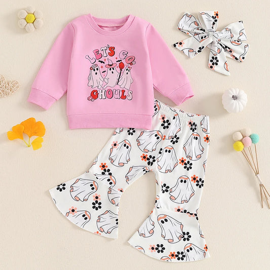 Girl's "Let's Go Ghouls" Ghost Halloween Sweatshirt, Pants & Bow Headband Sets