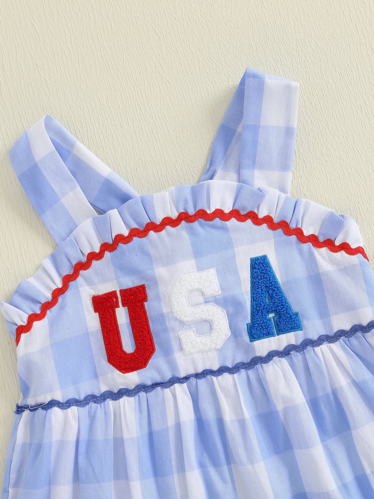 Girl's Plaid Embroidered USA 4th of July Dresses