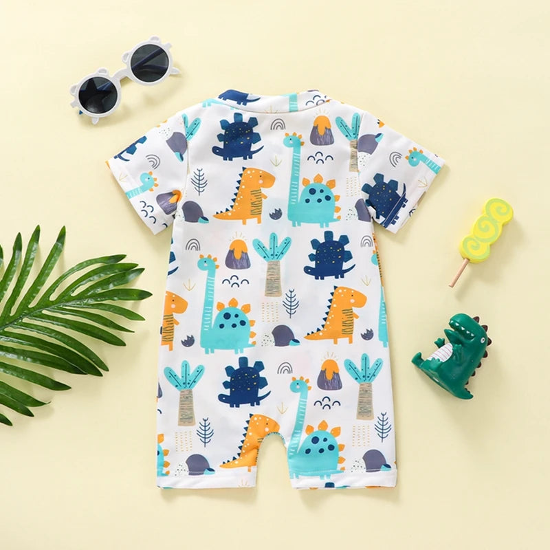 Kids Boys Swimsuit Casual Cartoon Printed Short Sleeve Zipper Jumpsuit Swimwear Beachwear Clothes