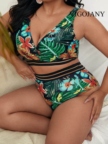 Floral Print SwimwearPlus V Neck Separate Swimsuit 2 Piece High Waist Bikini Set Bathing Suit