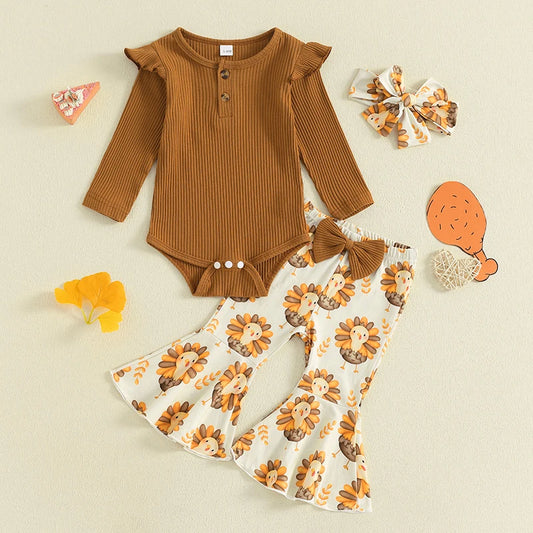 3-Piece Thanksgiving Outfits! Girl’s Long Sleeve Onesies, Pants, and Headband Sets