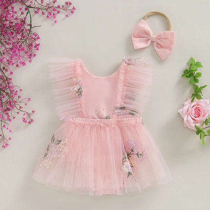 2-Piece Outfits! Girl's Sleeveless Embroidered Floral Tulle Overall Dress & Headband Sets