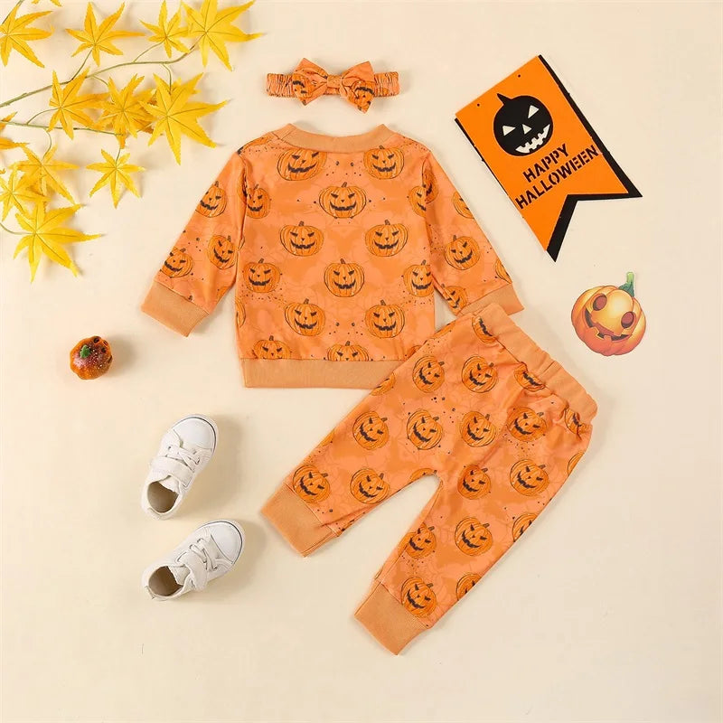 3-Piece Halloween Outfits! Girl’s Long Sleeve Pumpkin Sweatshirt, Pants & Headband Sets