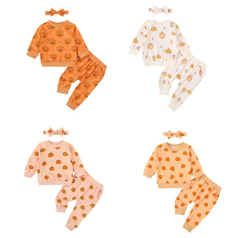 3-Piece Halloween Outfits! Girl’s Long Sleeve Pumpkin Sweatshirt, Pants & Headband Sets