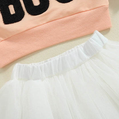 Girl's Halloween 2-Piece Embroidered "Hey Boo" Sweatshirt & Tulle Skirt Sets