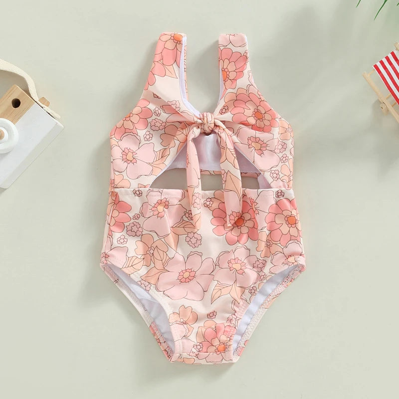 Toddler Girls Swimwear Sleeveless Floral Print Hollow Bathing Suit Clothes