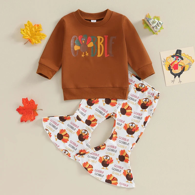 2-Piece Thanksgiving Outfits! Girl’s Long Sleeve Turkey Sweatshirt & Pants Sets