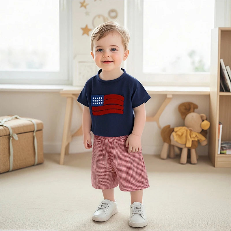 Boy's 2-Piece 4th of July Embroidered Flag T-Shirts & Plaid Shorts Sets