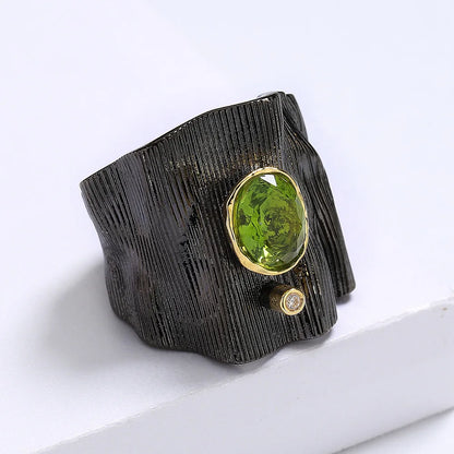 Rings Black & Gold Style Texture Geometric Green Zircon Rings