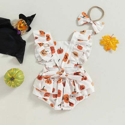 2-Piece Halloween Outfits! Girl’s Long Sleeve Pumpkin Sweatshirt Rompers & Headband Sets