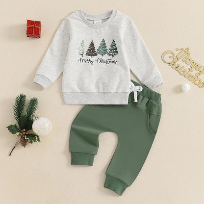 Boy's 2-Piece Christmas "Merry Christmas" Trees Sweatshirt & Pants Sets