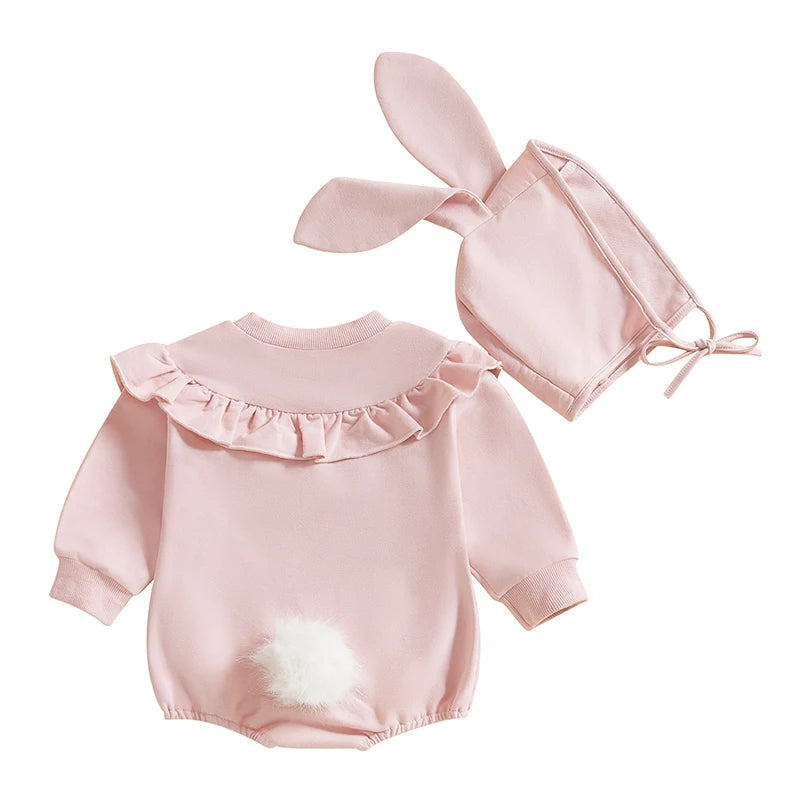 Girl's Ruffled Easter Bunny Tail Onesie & Bunny Ear Hat Sets