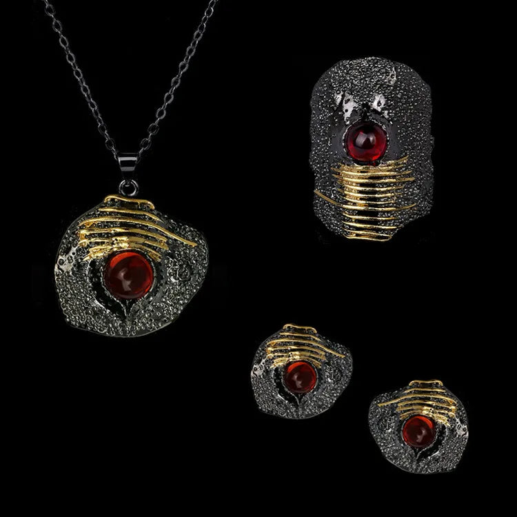 3-piece Ruby-Zircon Black & Gold Style Rings, Necklace & Earrings Sets