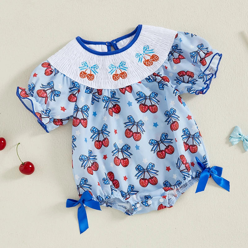 Girl's Cherry 4th of July Plaid Doll Collar Rompers