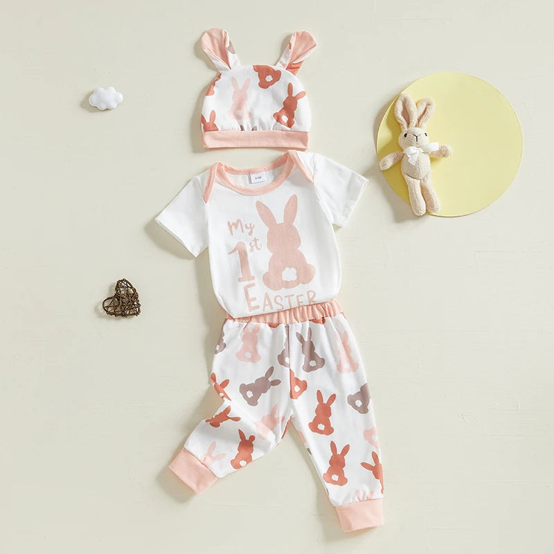 Girl's & Boy's Easter Bunny Romper Pants Hat & Rabbit Ears Set