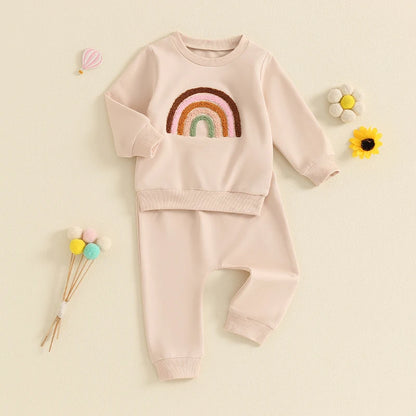 2-Piece Outfits! Girl's Embroidered Rainbow Sweatshirt & Pants Sets