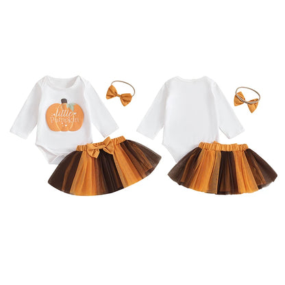 3-Piece Halloween Outfits! Girl’s Long Sleeve Pumpkin Rompers, Skirt& Bow Headband Sets