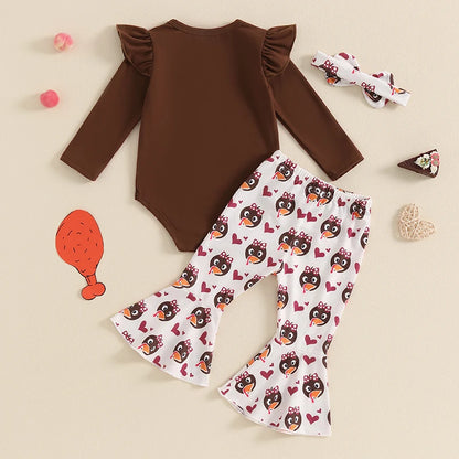 3-Piece Thanksgiving Outfits! Girl’s Long Sleeve Turkey Rompers, Pants& Bow Headband Sets