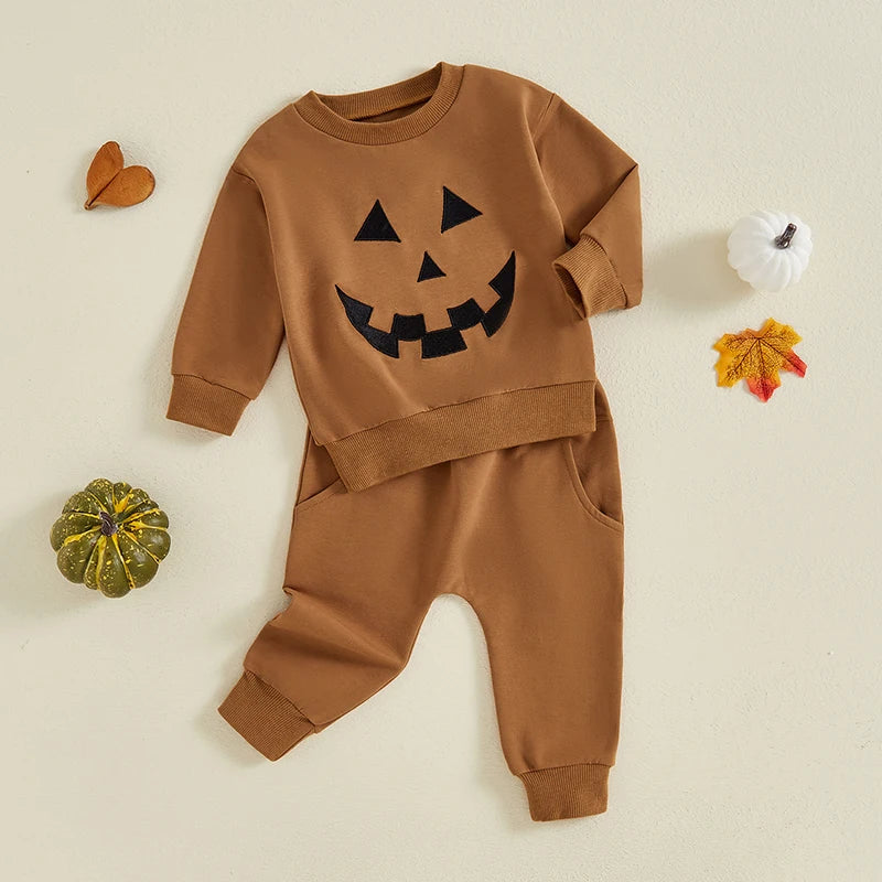 2-Piece Halloween Outfits! Boy’s Long Sleeve Embroidered Sweatshirt & Pants Sets