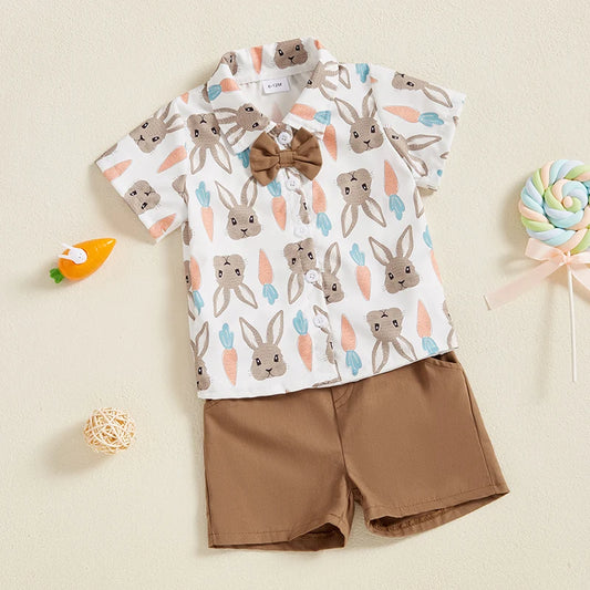 Boy's Easter Bunny Carrot Turn Down Shirt Collar Shirt & Shorts Set