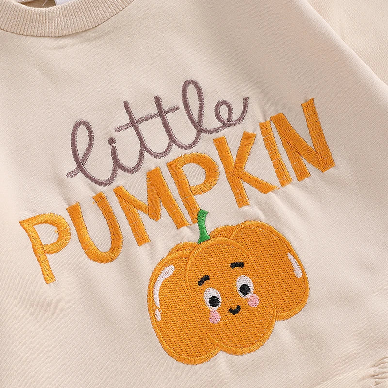 Halloween Outfits! Boy's & Girl's Embroidered "Little Pumpkin" Long Sleeve Fall Sweatshirts