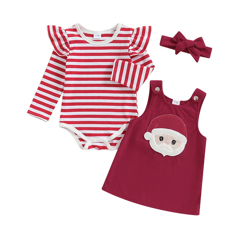 3-Piece Christmas Outfits! Girl’s Embroidered Onesies, Overall Dresses & Bow Headband Sets