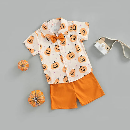 3-Piece Halloween Outfits! Boy’s Short Sleeve Ghost, Pumpkin, Onesie, Shorts & Bow-Tie Sets