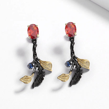 Classic Black & Gold Style Leaf Red Zircon Earrings