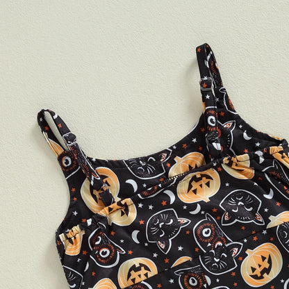 Halloween Rompers! Girl's Sleeveless Bib Romper, Pumpkin, Cats, Cauldron Print