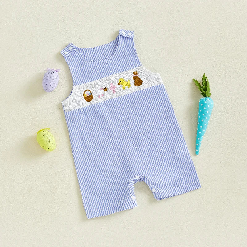 Boy's Sleeveless Plaid, Striped Easter Bunny Rompers