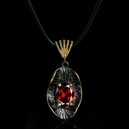 Red Zircon Pendant Black & Gold Style Oval Necklaces