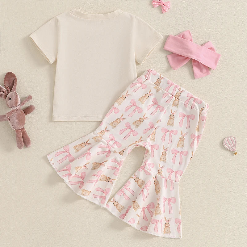 Girl's Easter Bunny T-Shirt, Flare Pants & Bow Headband Sets3-Piece Set