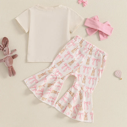 Girl's Easter Bunny T-Shirt, Flare Pants & Bow Headband Sets3-Piece Set