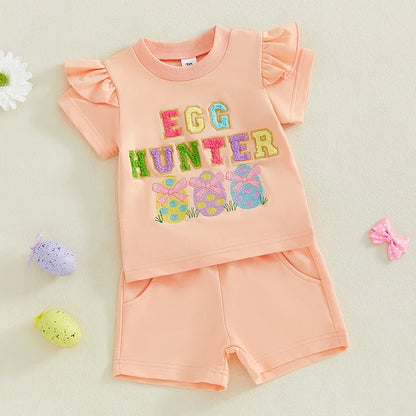 Girl's 2-Piece Embroidered Easter Egg T-Shirt & Shorts Sets