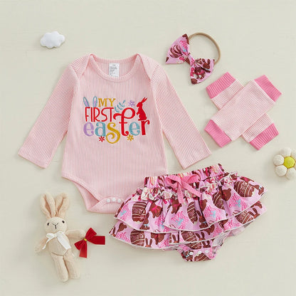 Girl's 4-Piece "My 1st / First Easter" Bunny Onesie, Ruffle Bloomers, Bow Headband & Leg Warmer Outfit Sets