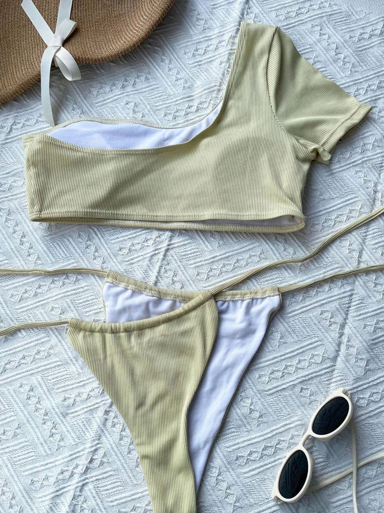 Green One Shoulder Short Sleeve Bikini Push UP Swimsuit High Cut Tied SwimwearBackless Bathing Suit