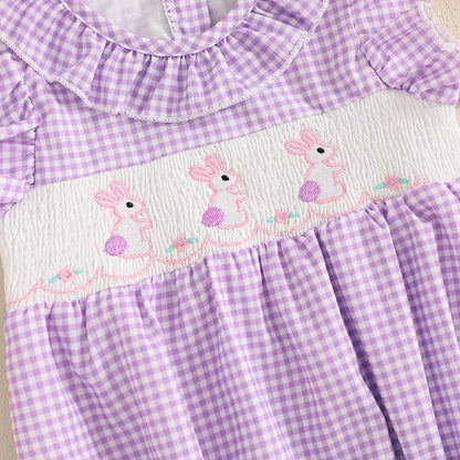 Girl's Embroidered Easter Bunny Plaid Ruffled Rompers