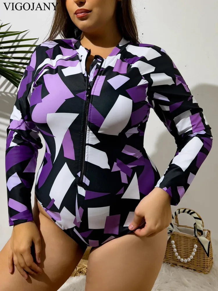 Sexy Print Long Sleeve Plus SwimwearPush UP One Piece Swimsuit Summer Beach Bathing Suit