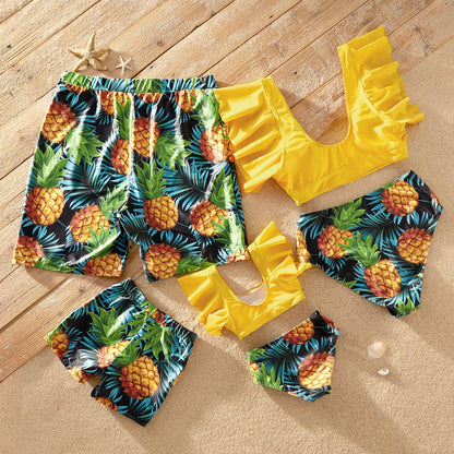 Family Matching! Pineapple Ruffled One Piece Swimsuits & Trunks