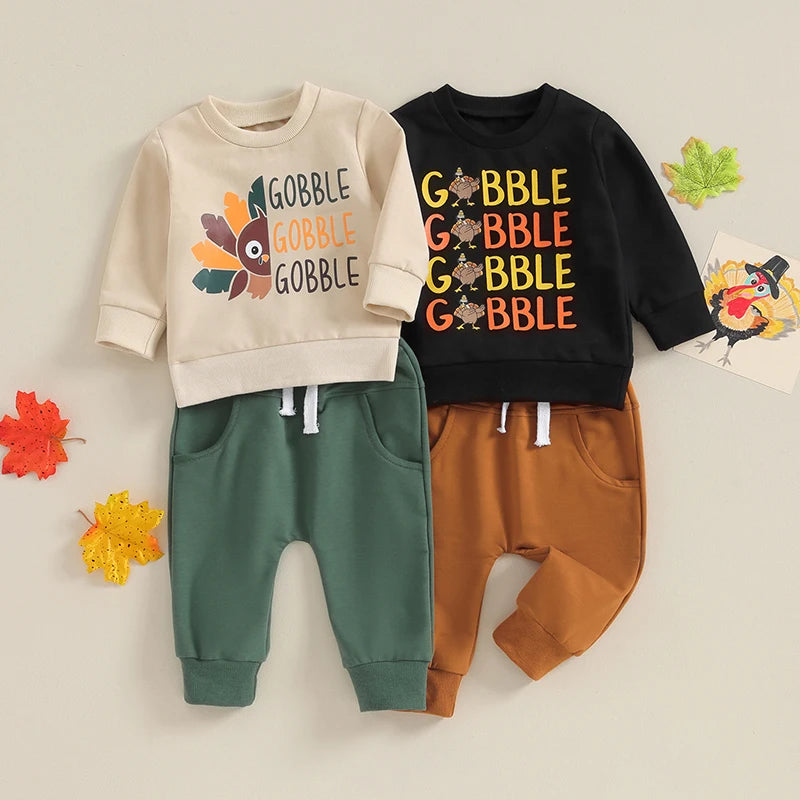 2-Piece Thanksgiving Outfits! Boy’s Long Sleeve Turkey Sweatshirt & Pants Sets