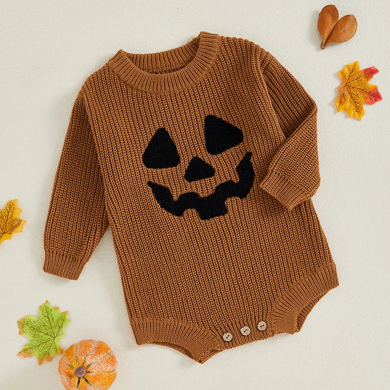 Girl's & Boy's Embroidered Halloween Pumpkin Long Sleeve Onesies