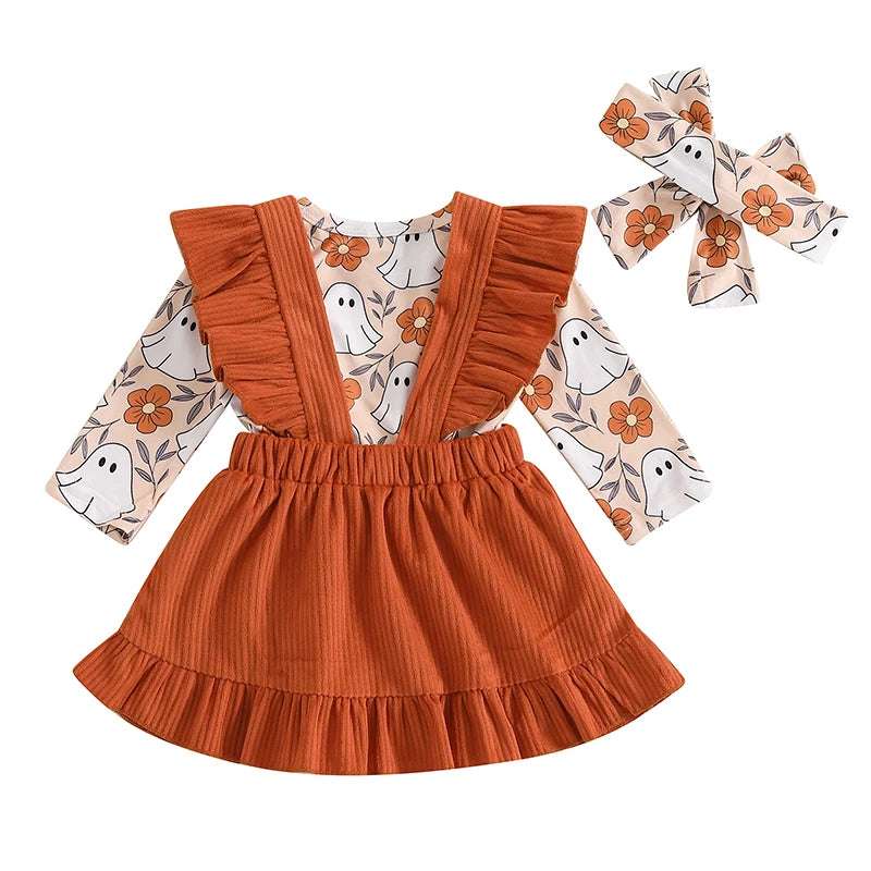 3-Piece Halloween Outfits! Girl’s Long Sleeve Ghost Rompers, Bibs, Skirt, overalls & Headband Sets