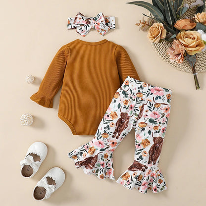 3-Piece Fall Outfits! Girl’s Long Sleeve Onesies, Pants, and Headband Sets