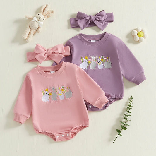 Girl's Easter Bunny Sweatshirt Onesies & Headband Sets