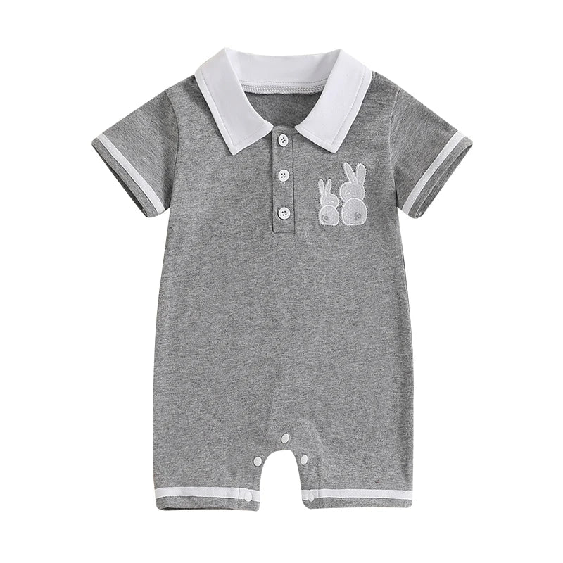 Boy's Easter Bunny Embroidered Jumpsuits with Turn-Down Collar